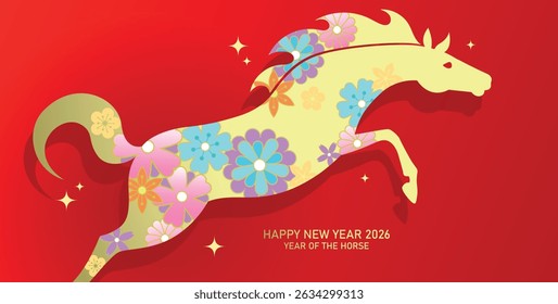 Jumping horse silhouette with spring flowers pattern. Chinese new year of the horse 2026 background.