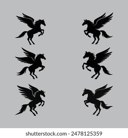 The "Jumping Horse with Wings Silhouette Vector Icon" is a digital graphic design file featuring a stylized silhouette of a horse in mid-jump, adorned with wings.