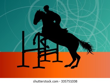 Jumping horses with jockey equestrian sport vector background concept