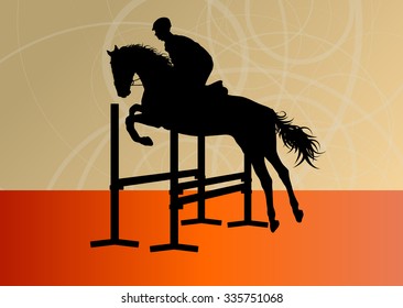 Jumping horses with jockey equestrian sport vector background concept