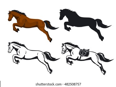 Jumping Horses Set in color, contour and silhouette