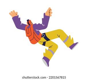 Jumping human character with backpack on back flat style, vector illustration isolated on white background. Parachute jump, active lifestyle, extreme vacation