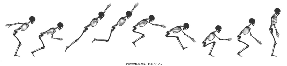 Jumping human skeleton. 9 black silhouettes isolated on white background. Vector illustration