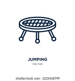 jumping icon from free time collection. Thin linear jumping, jump, person outline icon isolated on white background. Line vector jumping sign, symbol for web and mobile