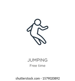 Jumping icon. Thin linear jumping outline icon isolated on white background from free time collection. Line vector sign, symbol for web and mobile