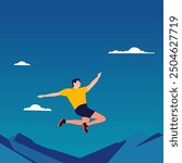 jumping illustration. Brave character overcoming difficulty, daring to risk. Ambition, danger, courage, way to goal, aim, psychology concept. Flat vector illustration