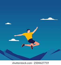 jumping illustration. Brave character overcoming difficulty, daring to risk. Ambition, danger, courage, way to goal, aim, psychology concept. Flat vector illustration