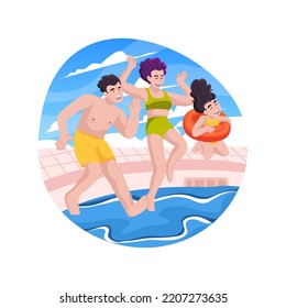 Jumping Into A Pool Isolated Cartoon Vector Illustration. Family Fun At Backyard Swimming Pool, Summer Weekend, Parents Holding Childrens Hand, Making A Splash, Jumping In Water Vector Cartoon.