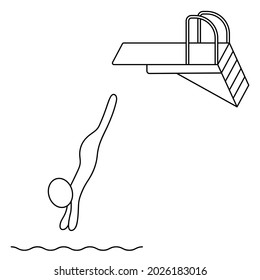 Jumping into the water from a springboard. The athlete jumps forward from the rack. Sketch. Vector icon. The man is engaged in water sports. Isolated white background. Coloring book for children.