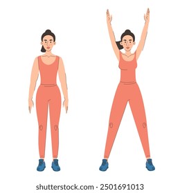 Jumping jacks exercise vector isolated. Woman doing sport exercise. Cardio workout, no equipment. Sport and active lifestyle. Body care.
