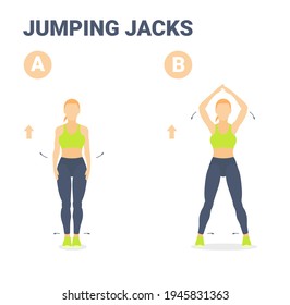 Jumping Jacks Female Home Workout Exercise Guidance Colorful Vector Illustration. Star Jumps Exercise, young woman in sportswear leggings, top and sneakers does the side-straddle hop sequentially...