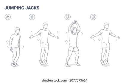 Jumping Jacks Home Man Workout Exercise Diagram. Star Jumps Fitness Vector Illustration. A Fitness Junkie Guy in Sportswear Does the Side Straddle Hop Sequentially Guidance To shed pounds.