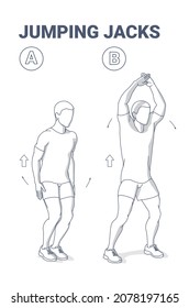 Jumping Jacks Home Workout Exercise Diagram For Fitness Junkie Man. Star Jumps Fitness Illustration. An Athletic Jacked Male In Sportswear Does The Side Straddle Hop Sequentially Guidance Vector.