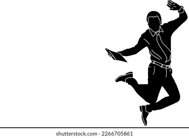 Jumping for Joy: A Vector Silhouette of a Man in Celebration, The Thrill of Success: A Line Art Illustration of a Jumping Businessman,  Vector Silhouette of a Man Jumping for Excitement