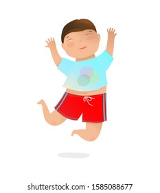 Jumping Joyful Preschooler Brunet Boy Playful and Active. Funny boy kids isolated kindergarten character cartoon clip art. Vector hand drawn illustration.