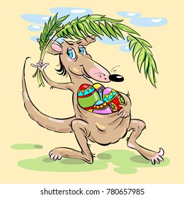 A jumping kangaroo with Easter eggs in a bag and palm branches in a paw