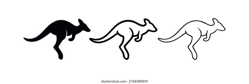 Jumping Kangaroo Icon Set - Australian Marsupial Symbol in Solid and Outline Styles