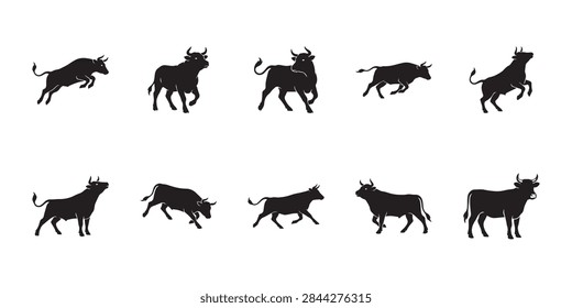 Jumping kerry cattle graphics. Active rare irish dairy cow silhouettes in black representing traditional celtic agriculture livestock.