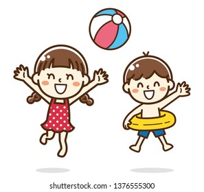 Jumping kid wearing swimsuit