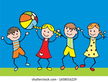 Jumping kids with ball, funny vector illustration. Color picture on blue background