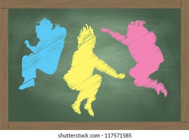 Jumping kids blackboard made of colorful chalk vector background