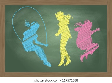 Jumping kids blackboard made of colorful chalk vector background