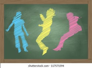 Jumping kids blackboard made of colorful chalk vector background