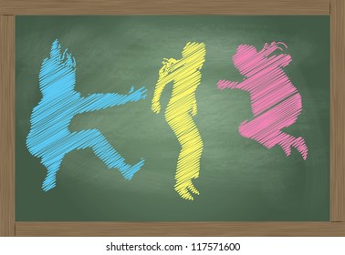 Jumping kids blackboard made of colorful chalk vector background