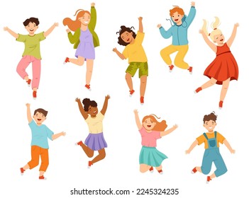 Jumping Kids Feeling Happiness and Excitement Having Fun Vector Set