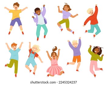 Jumping Kids Feeling Happiness and Excitement Having Fun Vector Set