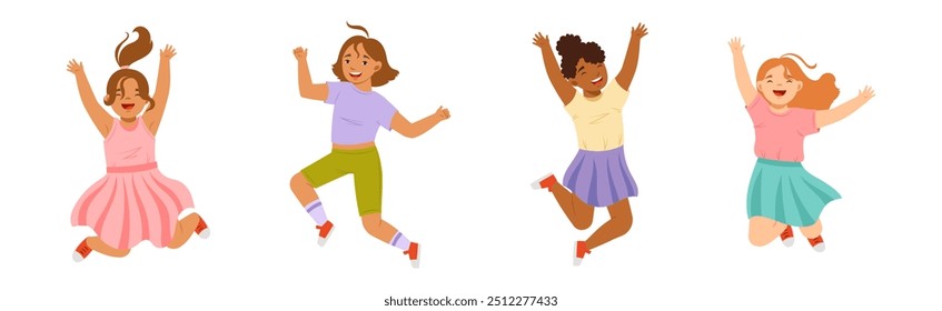 Jumping Kids Feeling Happiness and Excitement Having Fun Vector Set