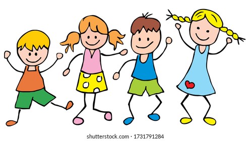 Jumping kids, four children, funny design, vector illustration