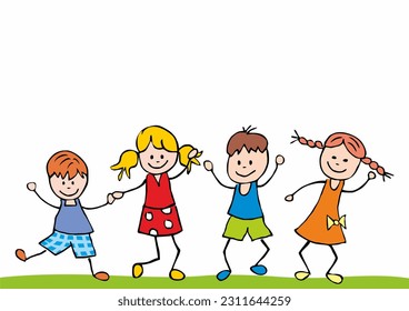 Jumping kids, four children, funny vector illustration