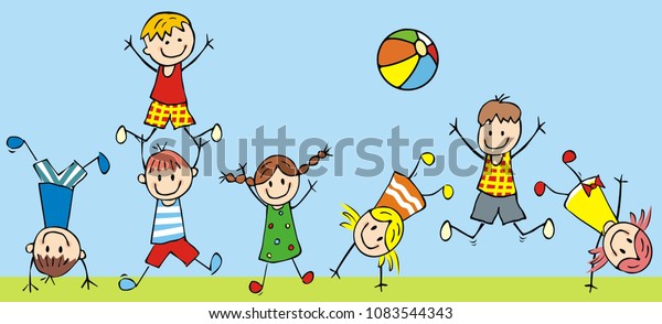 Jumping kids, funny illustration, nursery wallpaper mural. 