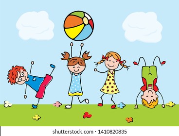 Jumping kids, funny vector illustration. Sports happy children, boys and girls on meadow. Colored picture.