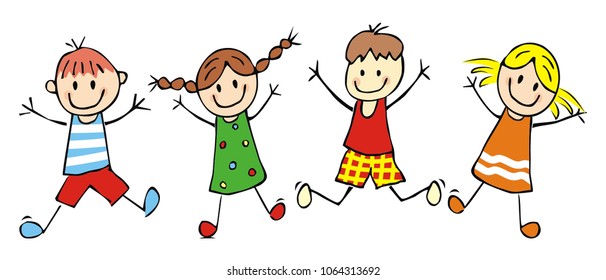 Jumping kids, hand drawing, little children, vector illustration,