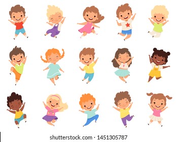 Crianças pulando. Crianças engraçadas felizes brincando e pulando em diferentes poses de ação educação pequenos personagens de vetor de equipe. Ilustração de diversão e sorriso de crianças e crianças