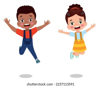 Jumping kids. Happy funny children playing and jumping in different action poses education little team vector characters. Illustration of kids and children fun and smile