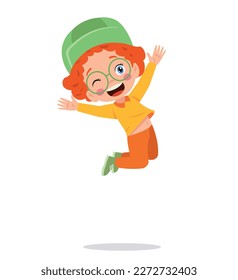 Jumping kids. Happy funny children playing and jumping in different action poses education little team vector characters. Illustration of kids and children fun and smile