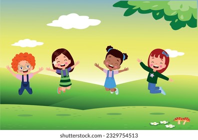 Jumping kids. Happy funny children playing and jumping in different action poses education little team vector characters. Illustration of kids and children fun and smile