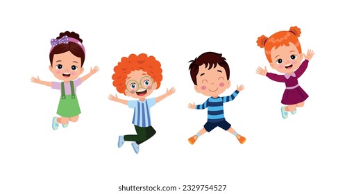 Jumping kids. Happy funny children playing and jumping in different action poses education little team vector characters. Illustration of kids and children fun and smile