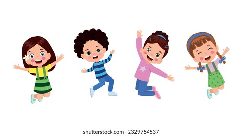 Jumping kids. Happy funny children playing and jumping in different action poses education little team vector characters. Illustration of kids and children fun and smile