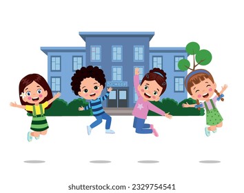 Jumping kids. Happy funny children playing and jumping in different action poses education little team vector characters. Illustration of kids and children fun and smile