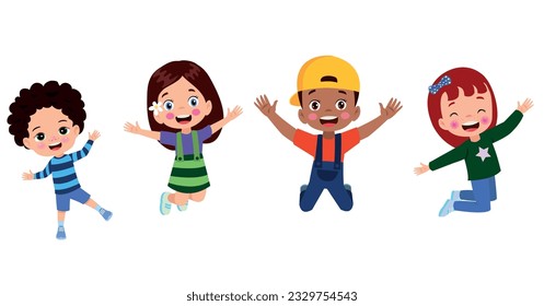 Jumping kids. Happy funny children playing and jumping in different action poses education little team vector characters. Illustration of kids and children fun and smile