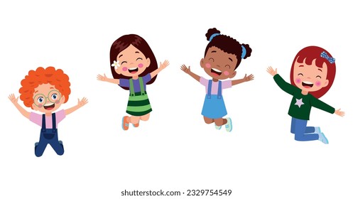 Jumping kids. Happy funny children playing and jumping in different action poses education little team vector characters. Illustration of kids and children fun and smile