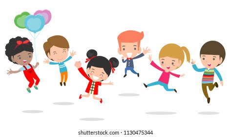 jumping kids, Multi-ethnic children jumping, child jumping with joy , happy jumping kids, happy cartoon child playing, Kids playing on white background , kids jamp,Vector illustration