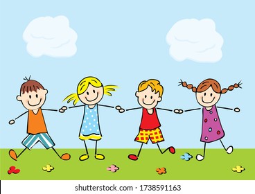 Jumping kids on meadow, funny vector illustration