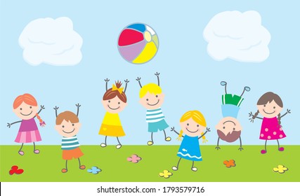 Jumping kids on meadow, funny illustration, vector illustration