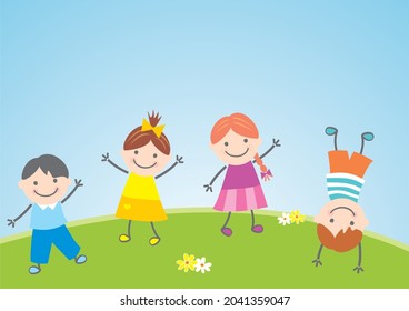 Jumping kids on meadow, funny vector illustration	