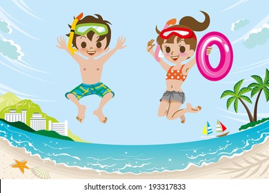 Jumping Kids in Summer Beach
